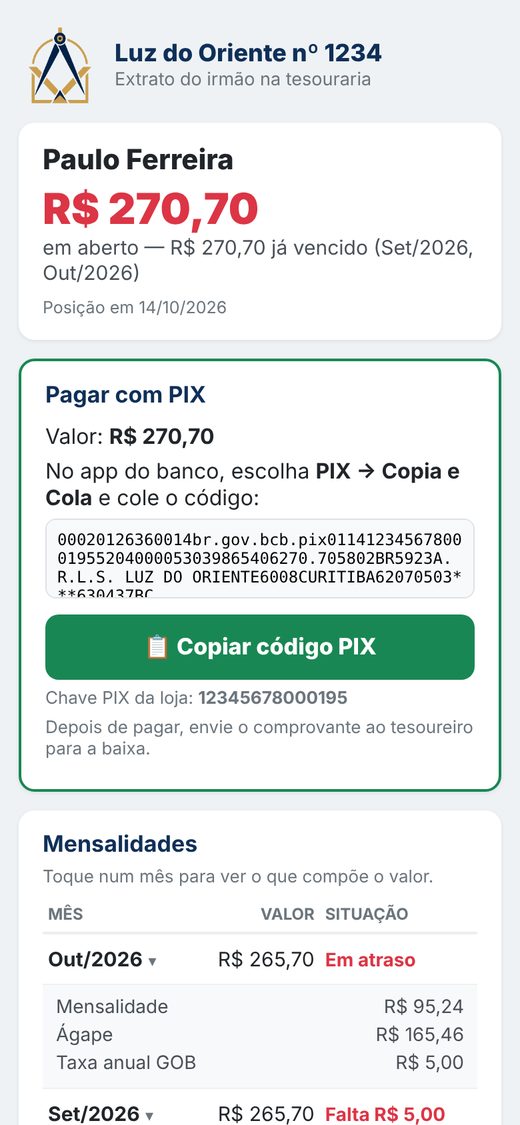 Extrato do irmão no celular, com PIX copia-e-cola