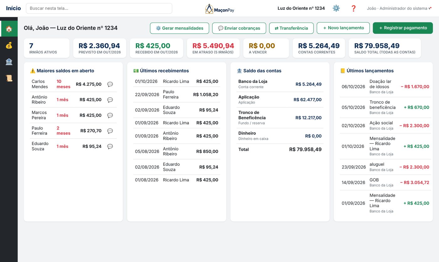 Tela inicial do MaçonPay com saldos, mensalidades em atraso e contas